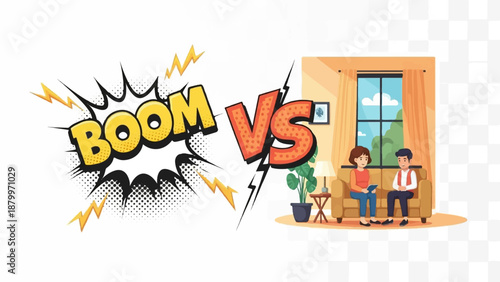 Comic style explosion juxtaposed with people in a calm living room