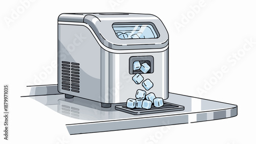 Compact ice maker on a counter, dispensing cubes into a tray