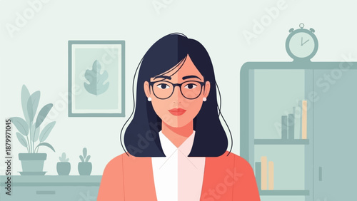 Confident woman in glasses sits at desk with plants and bookshelf