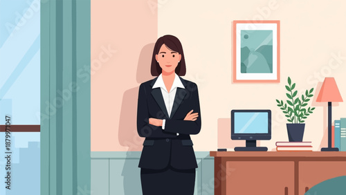 Confident woman in professional attire stands with arms crossed in an office