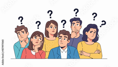 Confused people with question marks hovering above heads