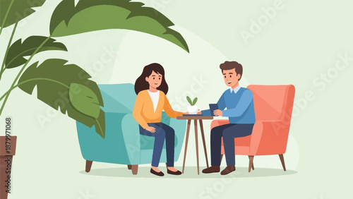 Couple enjoying a drink and a tablet in a cozy setting with plants