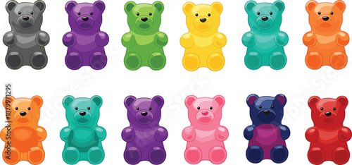 Collection of Colorful Gummy Bear Candy Icons Featuring Various Vibrant Translucent Designs and Sweet Gelatin Treats in Detailed Flat Vector Illustration Set.