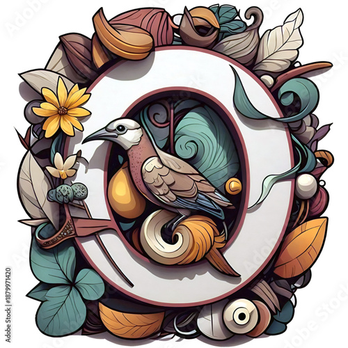 Whimsical Nature Letter Q with Bird and Botanical Elements