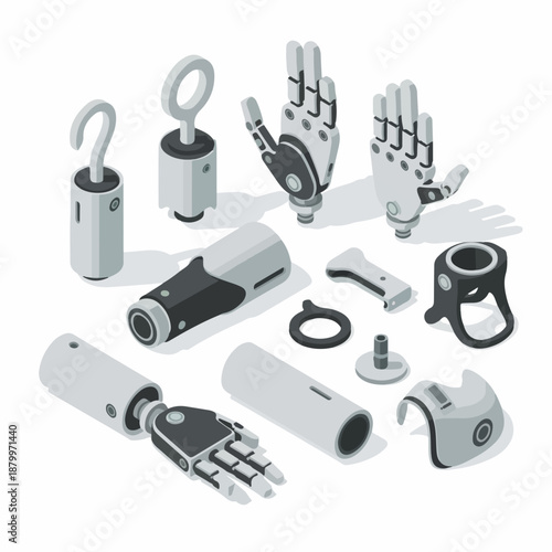 Isometric Detailed Prosthetic Limb Equipment Components Assembly Medical Technology Illustration