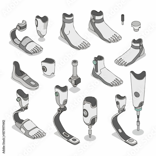 Isometric Line Art Prosthetic Limb and Components Collection Equipment Illustration
