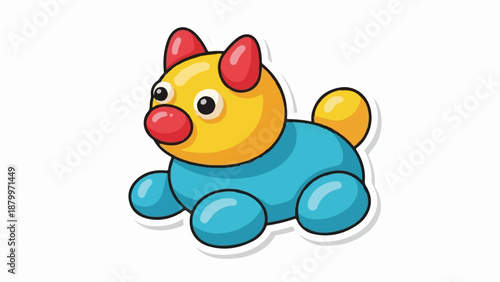 Cheerful cartoon dog toy with yellow, blue, and red