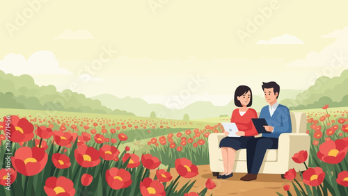 Couple enjoying a field of poppies while using laptops