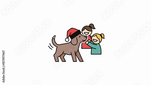 Cheerful children hug a dog wearing a festive hat