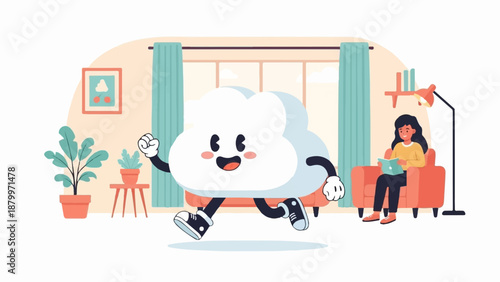 Cheerful cloud character running inside a room with a person reading
