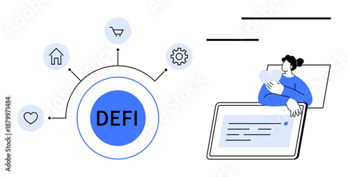 Decentralized finance concept. Decentralized finance enhances technology, shopping, and home services. Decentralized finance fosters innovation in digital finance and applications. Great for fintech
