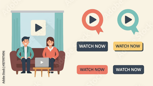Couple on sofa watching video; multiple "Watch Now" buttons and play icons