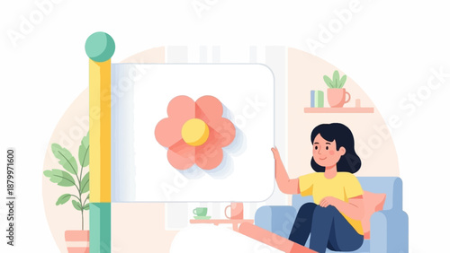 Cheerful person in armchair, looking at digital screen displaying flower