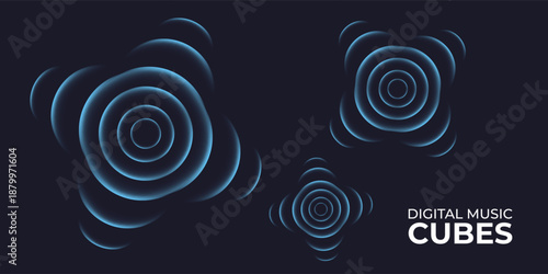 Cyber round cubes. Neon glowing cubes in motion. Music, gaming, technology, background.