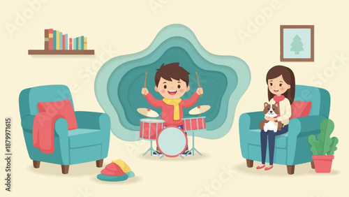 Cheerful siblings enjoy indoor activities drumming and pet cuddles