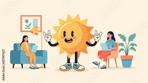 Cheerful sun character with two people working remotely on laptops