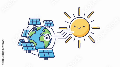 Cheerful sun powering Earth with solar panels and a home icon