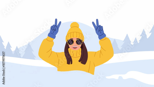 Cheerful woman in winter gear making peace signs in snowy landscape
