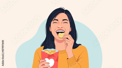 Cheerful woman enjoying potato chips from a red heart-decorated bag