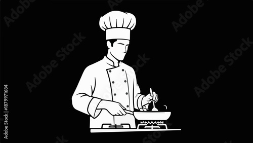Chef in white uniform cooking in a pan on a gas stove