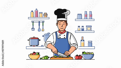 Chef skillfully chopping vegetables on a cutting board in a well-stocked kitchen