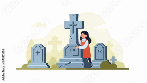 Child touches a gravestone in a cemetery with other tombstones and clouds