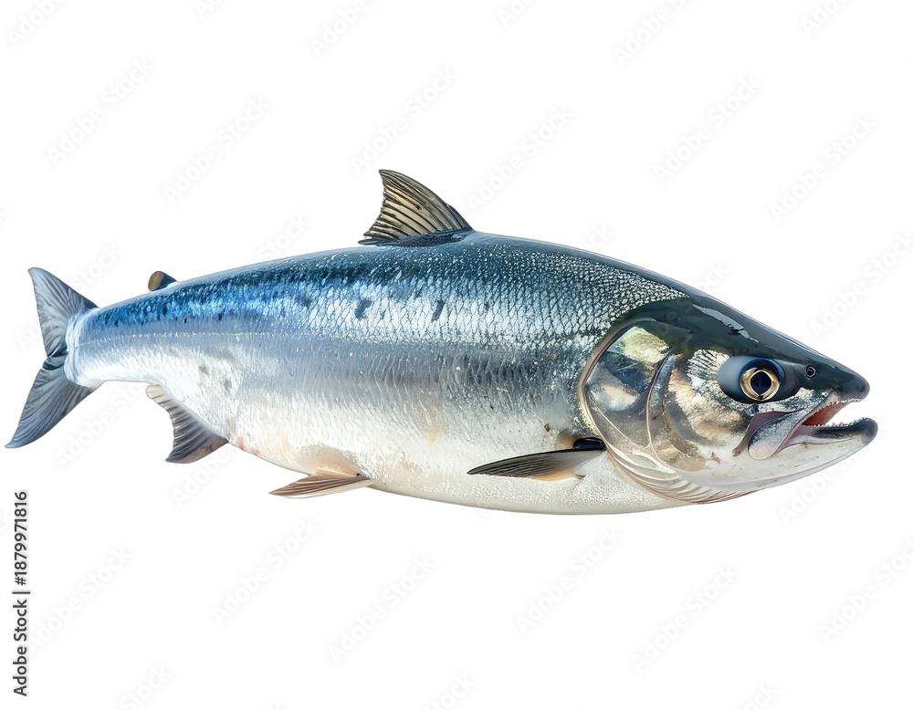 Obraz premium Silvery fish, vibrant scales, dark eye, fins erect, mouth slightly open, isolated on black