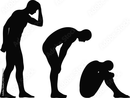 Three black silhouettes illustrate a man experiencing profound distress, anxiety, and deep sadness