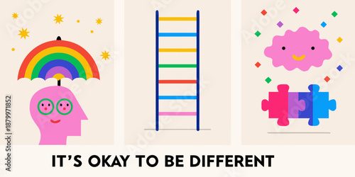Colorful illustrations representing positivity diversity and acceptance of individuality