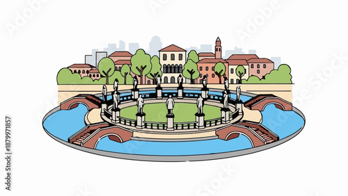 Circular plaza with statues, bridges, water, and buildings