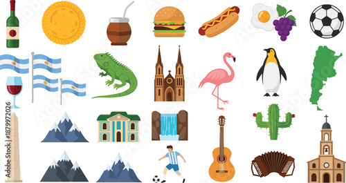 Comprehensive Argentina Culture Icon Set Featuring National Symbols Like Flags Football Tango Landmarks Local Cuisine and Wildlife in Vibrant Flat Vector Illustration.