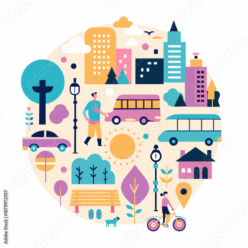 Colorful urban landscape featuring buildings trees people and transportation in a circle
