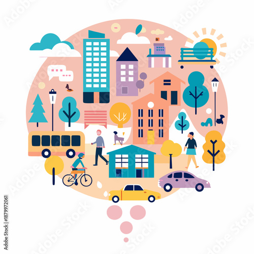 A colorful illustration depicting a vibrant cityscape with various elements