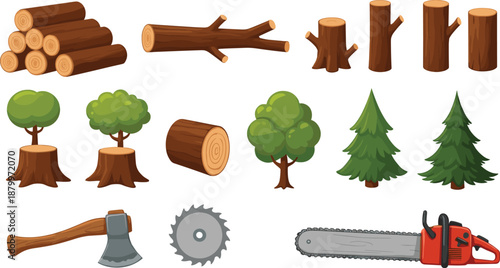 Woodworking and Forestry Icon Set Featuring Wooden Logs Tree Stumps Green Trees Axe Circular Saw Blade and Red Chainsaw Flat Vector Illustration.