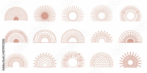 Collection of abstract minimalist sun and rainbow shaped line art illustrations