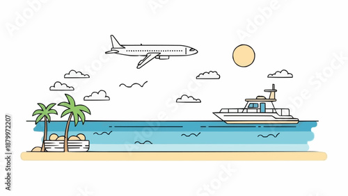 Airplane flying over tropical beach with yacht on the water.