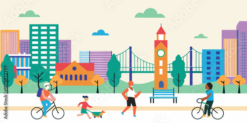 Colorful cityscape with people enjoying outdoor activities in a vibrant park