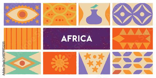 Colorful geometric patterns and the word africa on a grid background