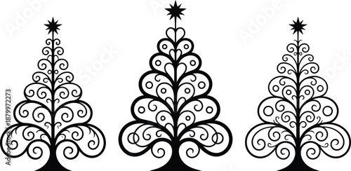 Three elegant black scrollwork Christmas tree silhouettes topped with stars for festive holiday decoration