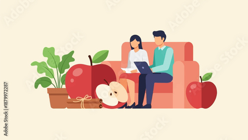 Couple on sofa with apples, plant, and laptop