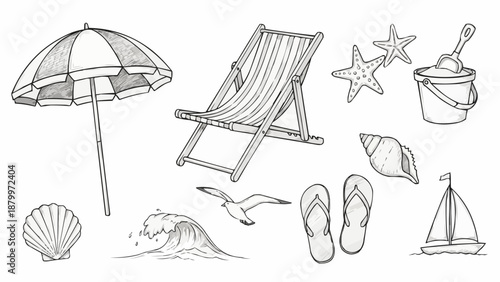 Beach vacation elements hand drawn sketch illustration.