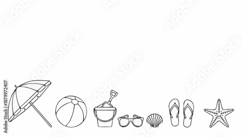 Beach vacation essentials line art drawing.