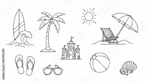 Beach vacation icons and symbols hand drawn sketch.