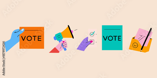 Illustration promoting voting with hands megaphones and ballot boxes