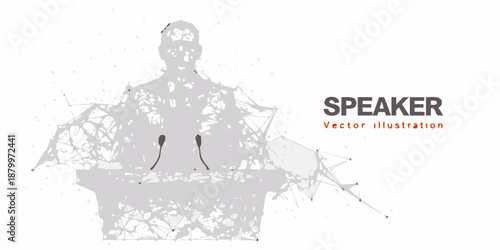 a gray silhouette of a speaker at a podium with microphones