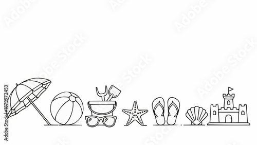 Beach vacation items line art illustration.