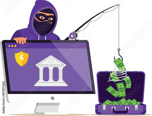 Cybercrime phishing attack, hacker with fishing rod, online fraud, financial theft, masked criminal, computer screen, bank security, digital scam illustration
