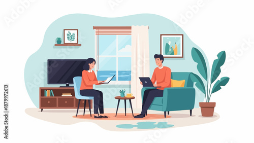 Couple working on laptops in a cozy living room with a window view