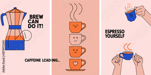 A colorful illustration depicting coffee making enjoyment and the boost of caffeine