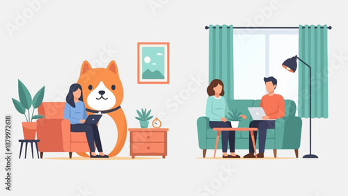 Cozy home scenes with people working on laptops near a dog